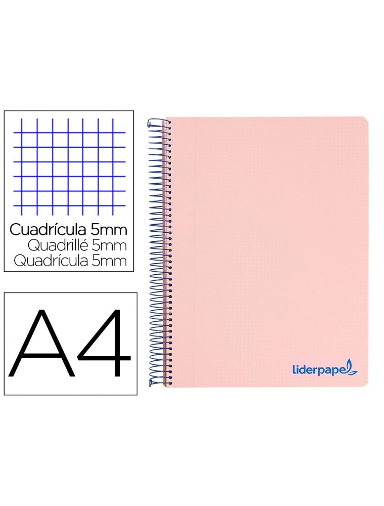 Cuaderno espiral liderpapel a4 micro wonder tapa plastico 120h 90 gr cuadro 5 mm 5 bandas 4 taladros color rosa