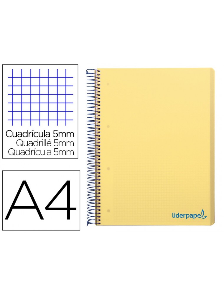 Cuaderno espiral liderpapel a4 micro wonder tapa plastico 120h 90 gr cuadro 5 mm 5 banda4 taladros color amarillo