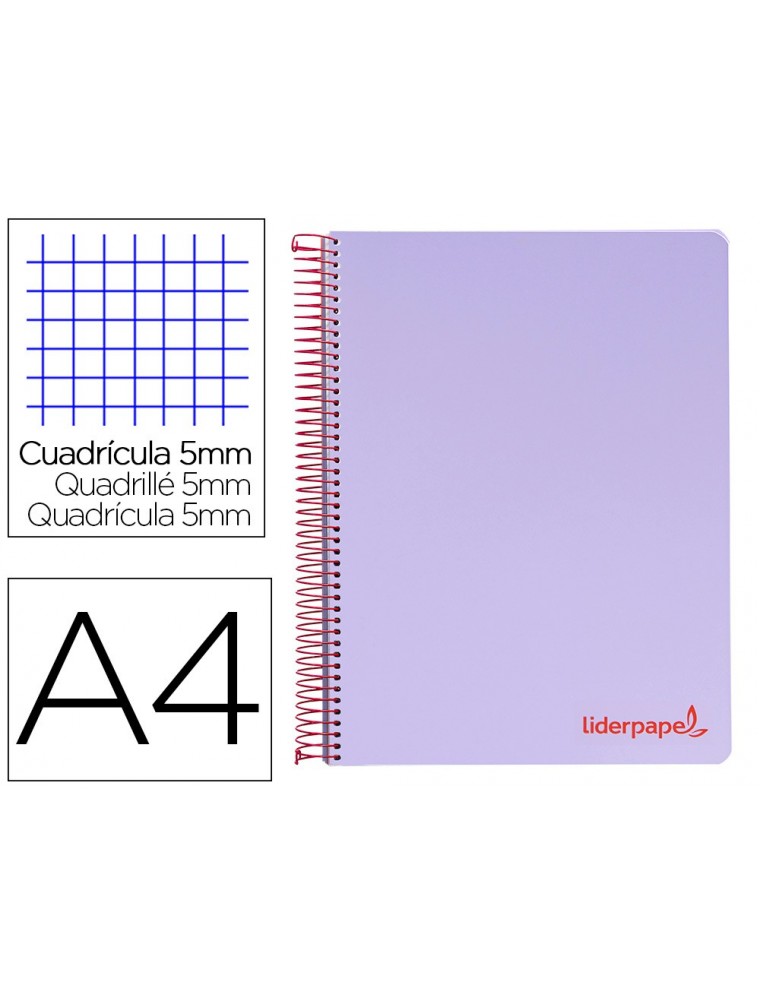 Cuaderno espiral liderpapel a4 micro wonder tapa plastico 120h 90 gr cuadro 5 mm 5 banda4 taladros color lila