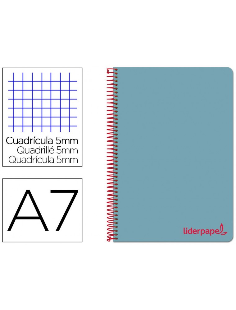 Cuaderno espiral liderpapel a7 micro wonder tapa plastico 100h 90 gr cuadro 5mm 4 bandas color celeste