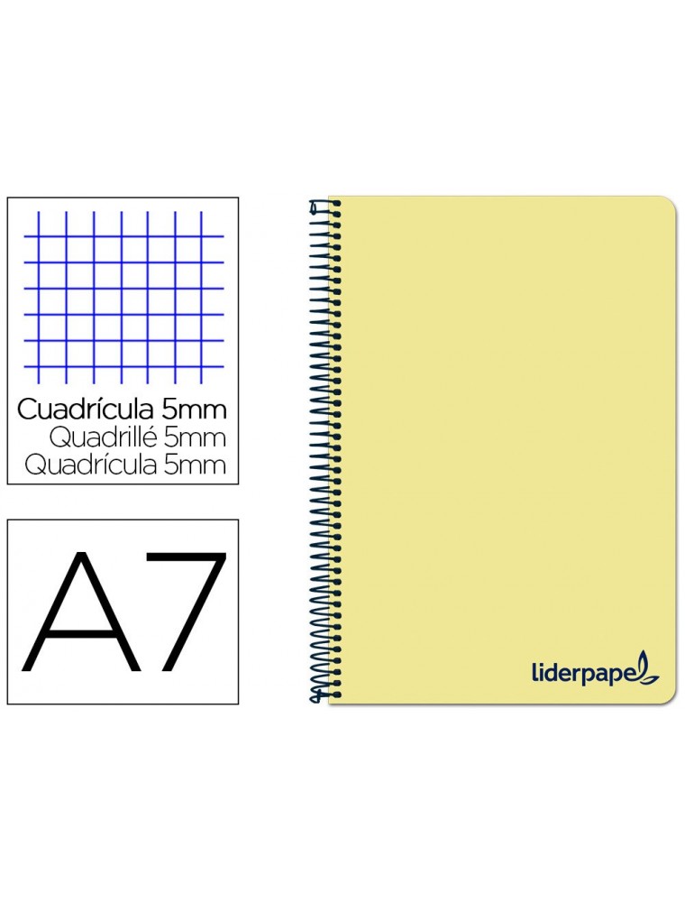 Cuaderno espiral liderpapel a7 micro wonder tapa plastico 100h 90 gr cuadro 5mm 4 bandas color amarillo