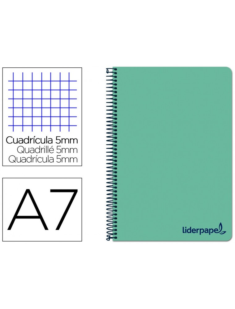 Cuaderno espiral liderpapel a7 micro wonder tapa plastico 100h 90 gr cuadro 5mm 4 bandas color verde