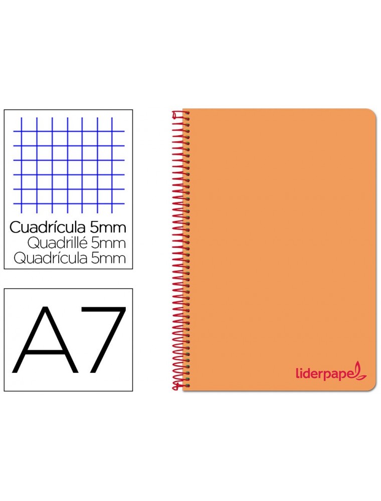 Cuaderno espiral liderpapel a7 micro wonder tapa plastico 100h 90 gr cuadro 5mm 4 bandas color naranja