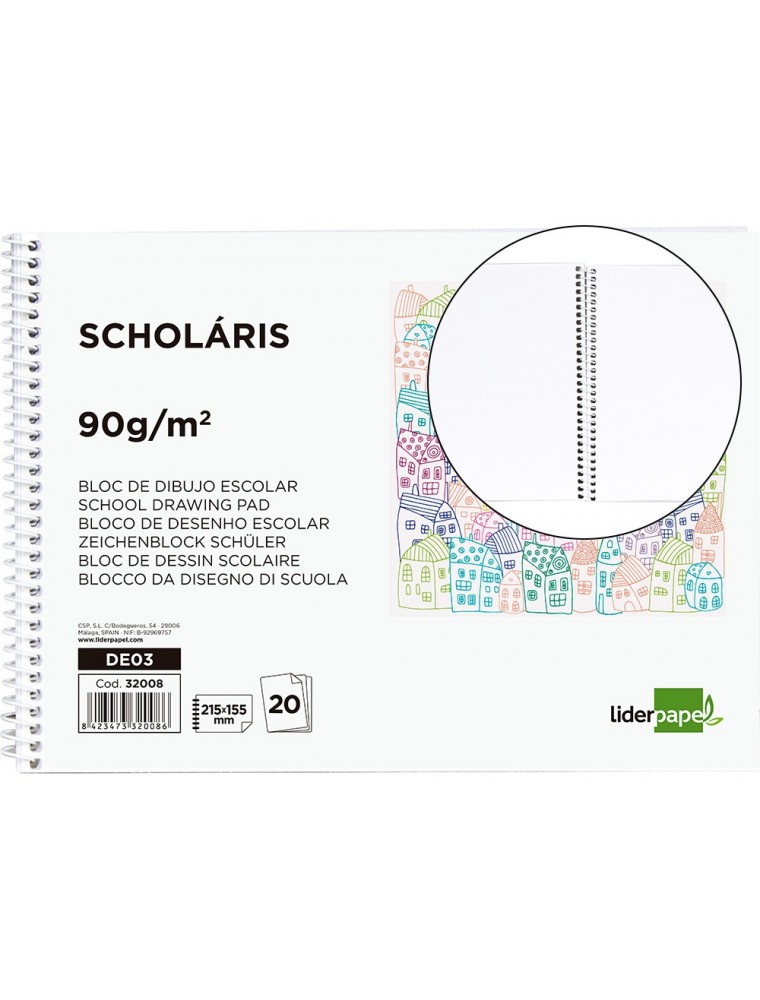 Bloc dibujo liderpapel escolar espiral 155x215mm 20 hojas 90gm2 sin recuadro