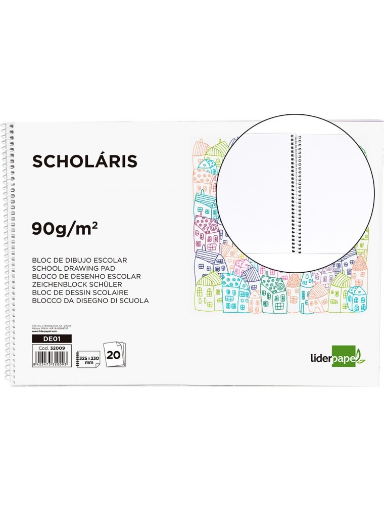 Bloc dibujo liderpapel escolar espiral 230x325mm 20 hojas 90g m2 sin recuadro