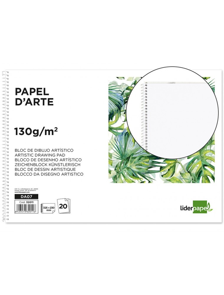 Bloc dibujo liderpapel artistico espiral 230x325mm 20 hojas 130gm2 sin recuadro perforado