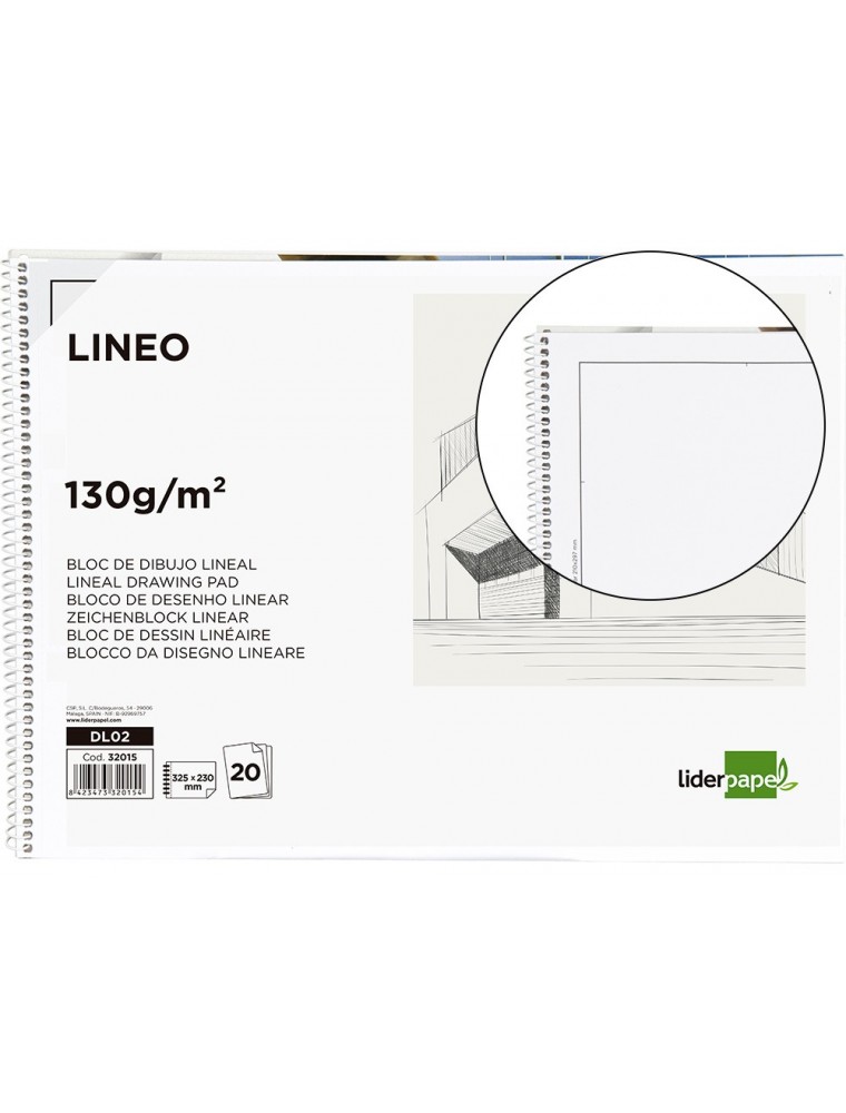 Bloc dibujo liderpapel lineal espiral 230x325mm 20 hojas 130gm2 con recuadro perforado