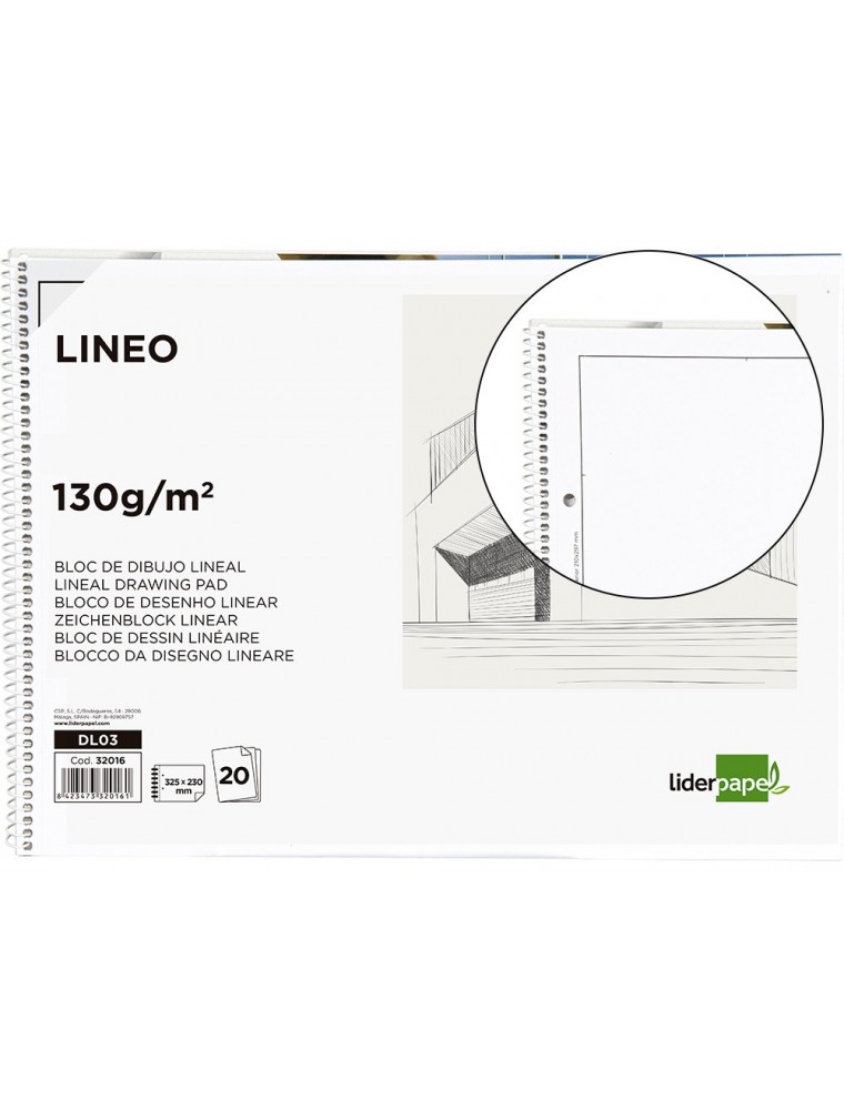 Bloc dibujo liderpapel lineal espiral 230x325mm 20 hojas 130gm2 con recuadro 2 taladros perforado