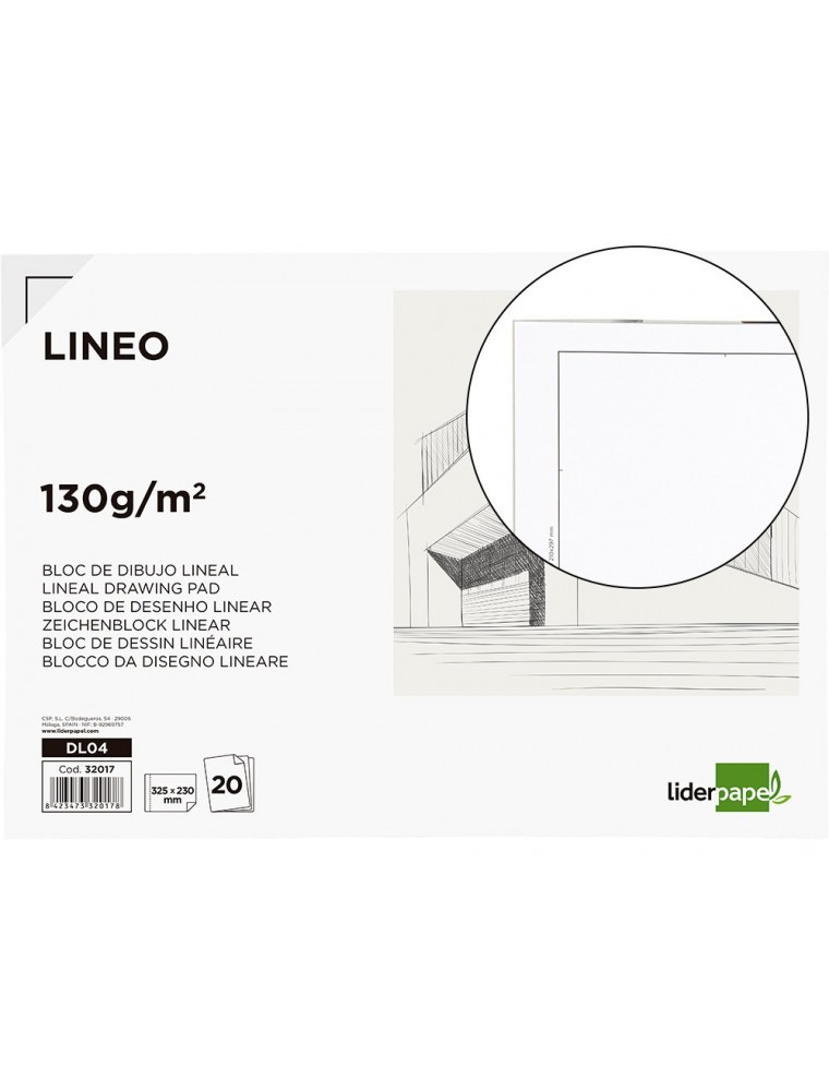 Bloc dibujo liderpapel lineal encolado 230x325mm 20 hojas 130gm2 con recuadro