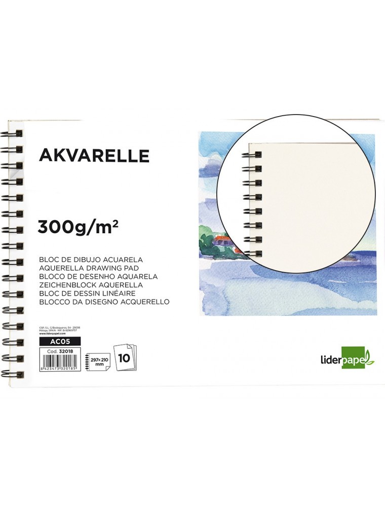 Bloc dibujo liderpapel acuarela espiral 297x210mm 10 hojas 300gm2 sin recuadro