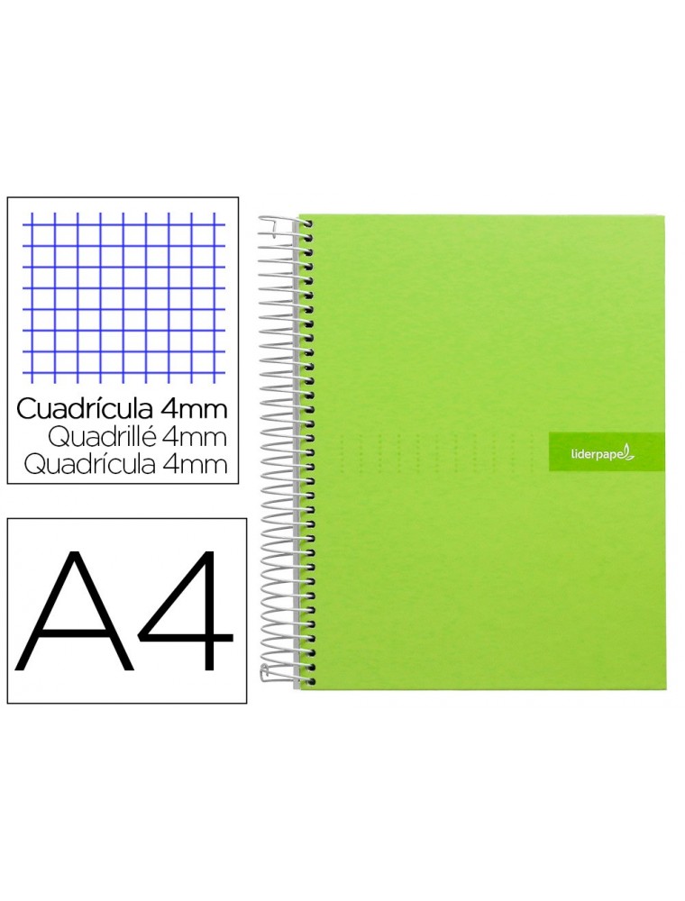 Cuaderno espiral liderpapel a4 crafty tapa forrada 80h 90 gr cuadro 4mm con margen color verde