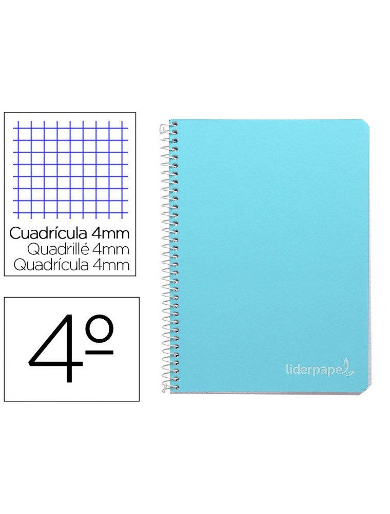 Cuaderno espiral liderpapel cuarto witty tapa dura 80h 75gr cuadro 4mm con margen color celeste