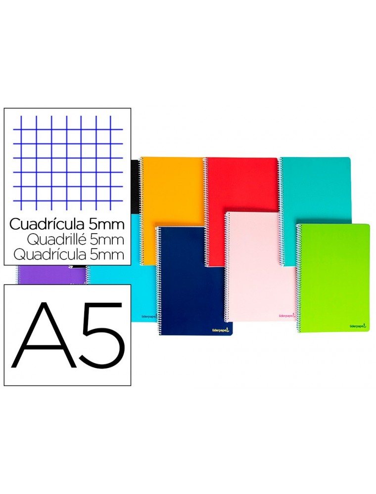 Cuaderno espiral liderpapel a5 micro smart tapa blanda 80h60gr cuadro 5mm 6 taladros colores surtidos