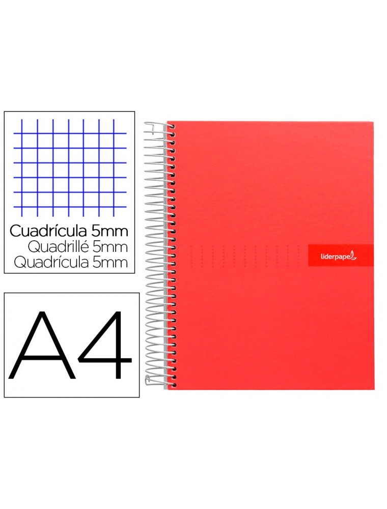 Cuaderno espiral liderpapel a4 micro crafty tapa forrada 120h 90 gr cuadro 5 mm 5 bandas 4 colores color rojo