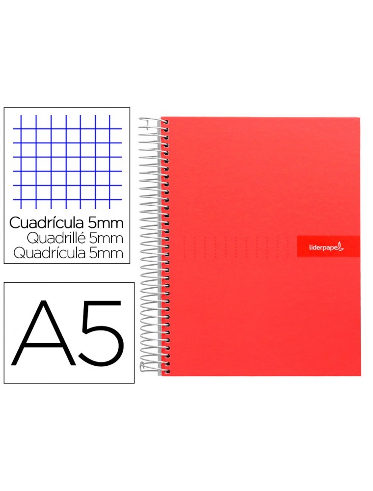 Cuaderno espiral liderpapel a5 micro crafty tapa forrada 120h 90 gr cuadro 5mm 5 bandas6 taladros color rojo