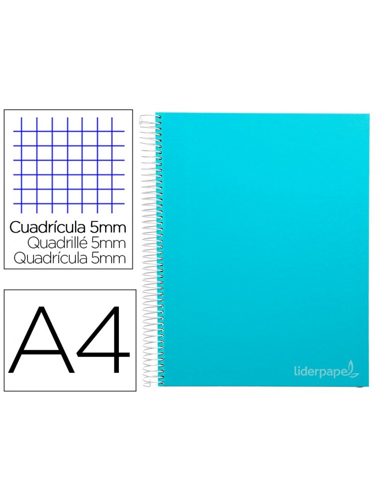 Cuaderno espiral liderpapel a4 micro jolly tapa forrada 140h 75 gr cuadro 5mm 5 bandas4 taladros color celeste