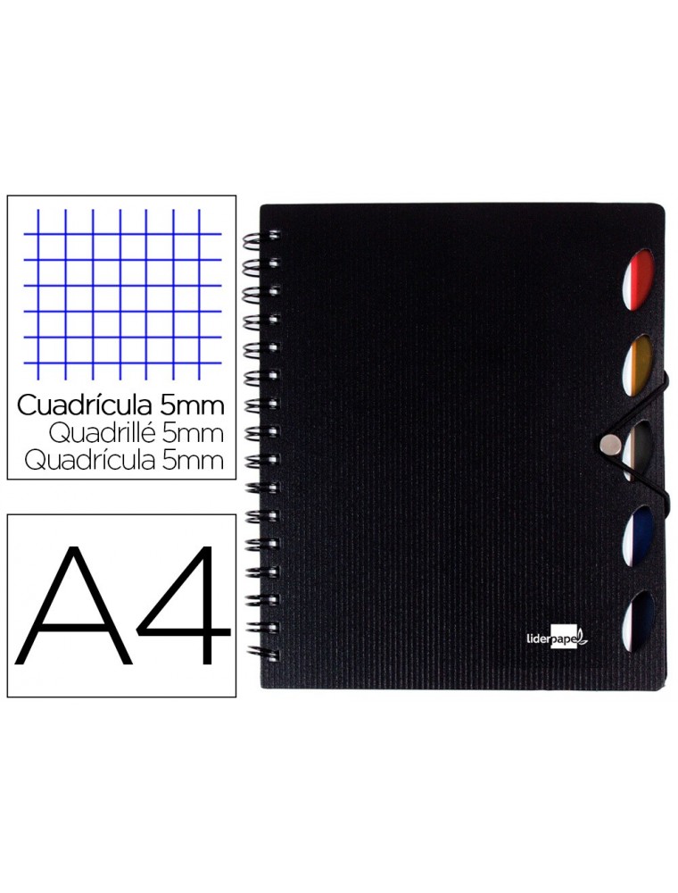 Cuaderno espiral liderpapel a4 micro executive tapa plastico 100h 80 gr cuadro 5mm 5 separadores con gomilla negro