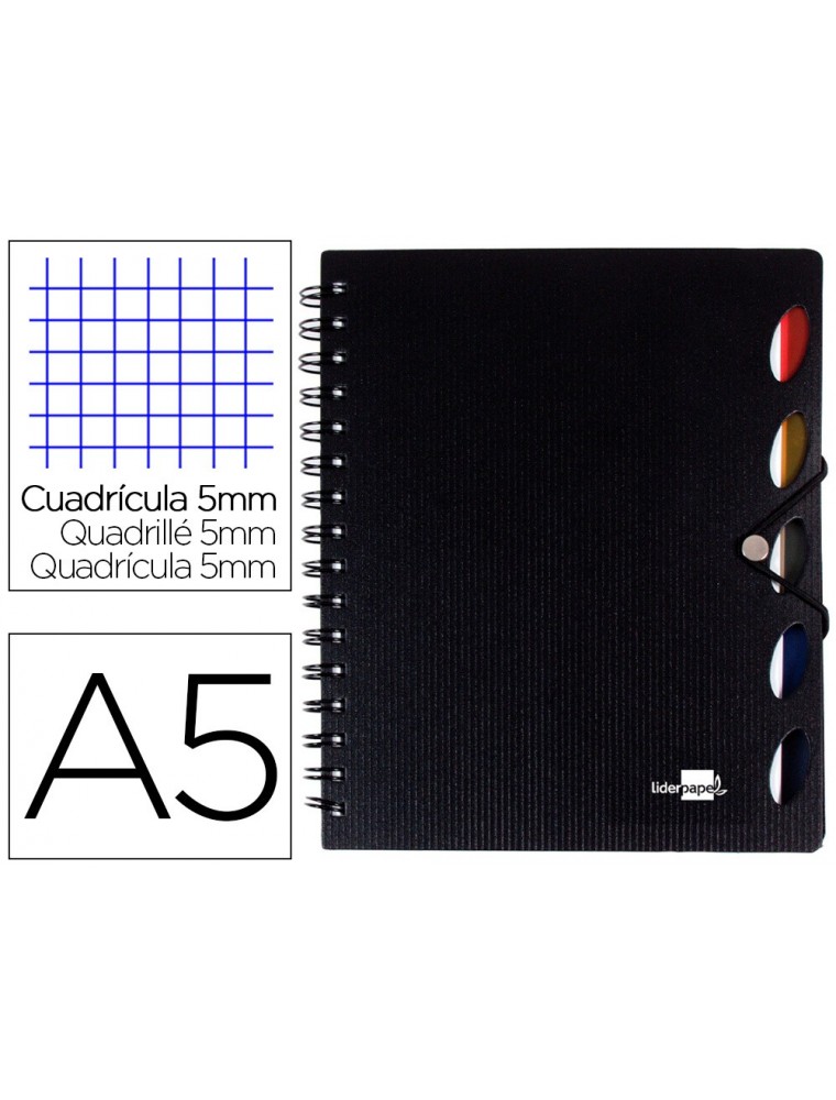 Cuaderno espiral liderpapel a5 micro executive tapa plastico 100h 80 gr cuadro 5mm 5 separadores con gomilla negro