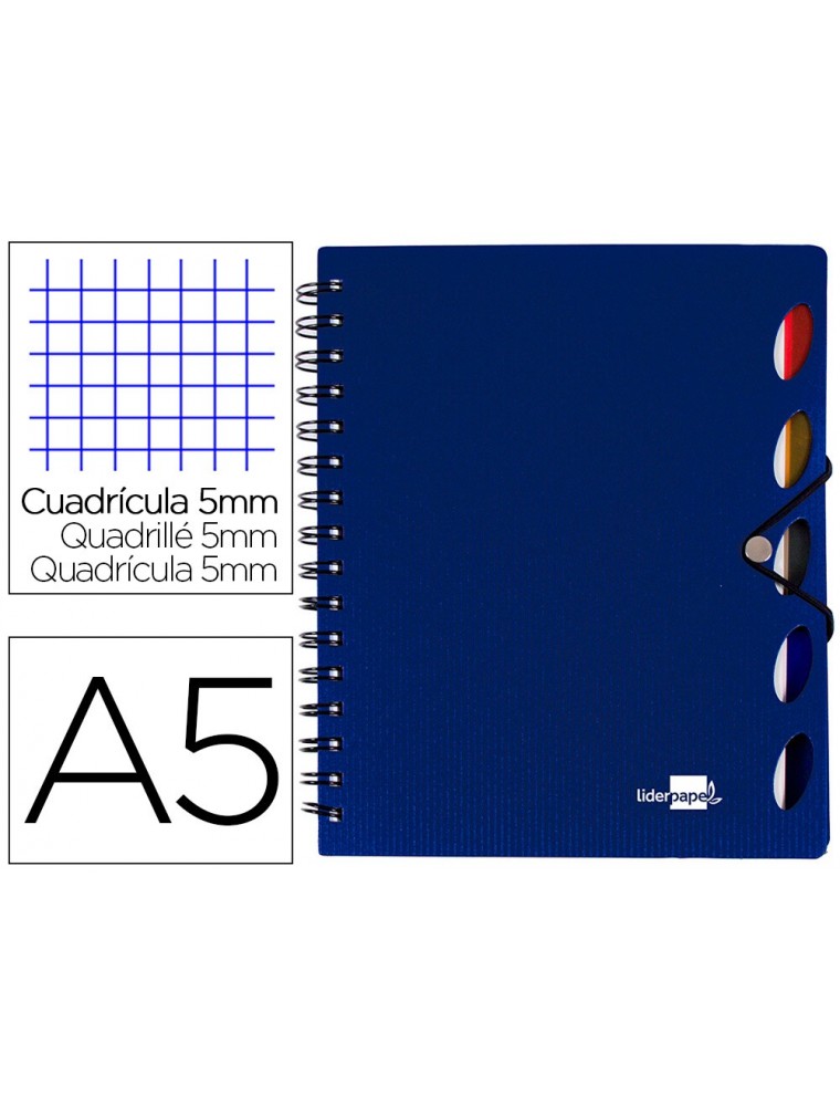 Cuaderno espiral liderpapel a5 micro executive tapa plastico 100h 80 gr cuadro 5mm 5 se paradores con gomilla azul