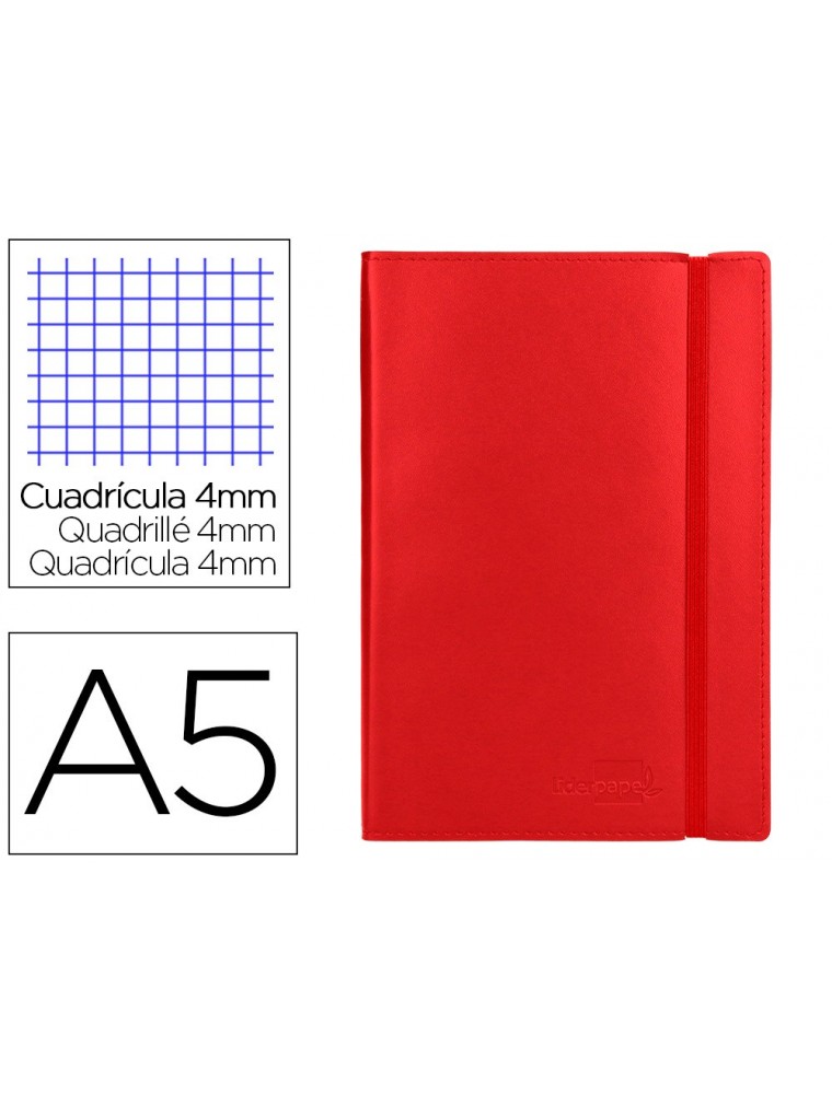 Libreta liderpapel simil piel a5 120 hojas 70gm2 cuadro 4mm sin margen rojo