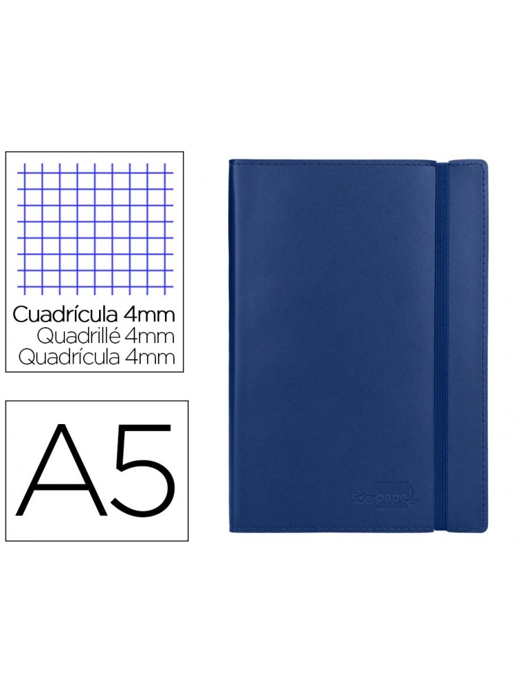 Libreta liderpapel simil piel a5 120 hojas 70gm2 cuadro 4mm sin margen azul