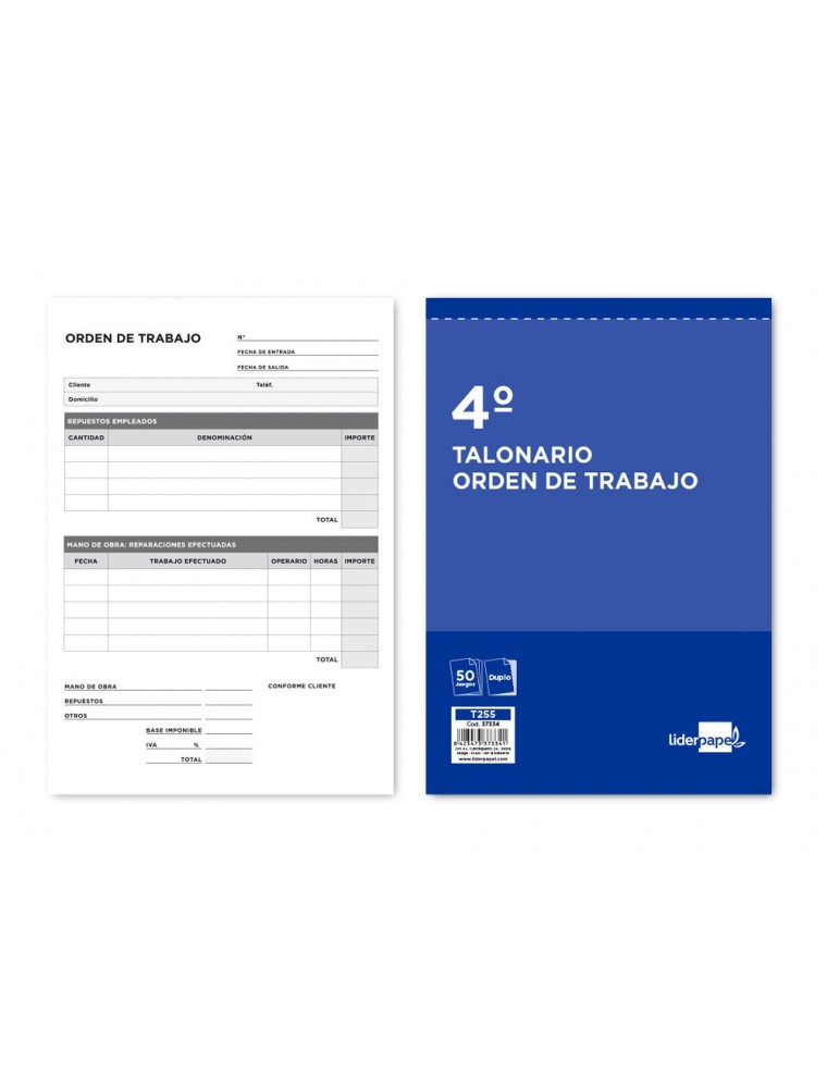 Talonario liderpapel orden de trabajo cuarto original y copia t255