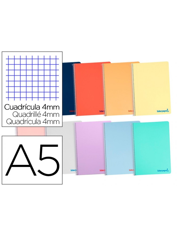 Cuaderno espiral liderpapel a5 wonder tapa plastico 80h 90g cuadro 4mm con margen colores surtidos