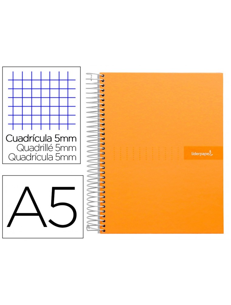 Cuaderno espiral liderpapel a5 micro crafty tapa forrada 120h 90 gr cuadro 5mm 5 bandas6 taladros color naranja