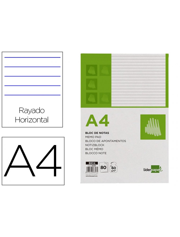 Bloc notas liderpapel horizontal a4 80 hojas 60gm2