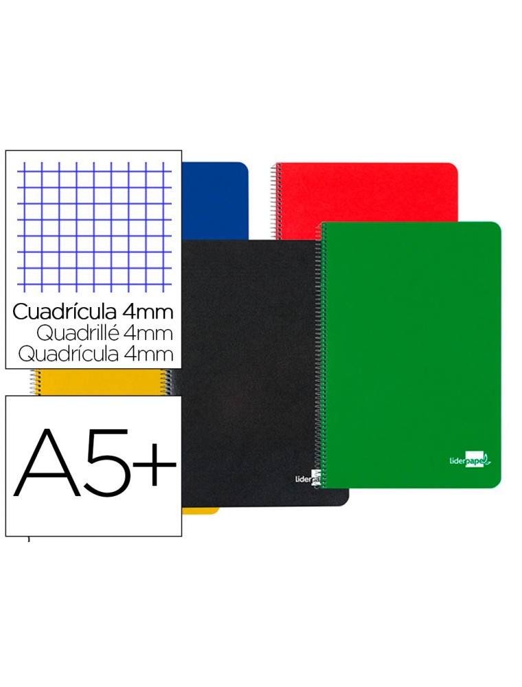 Cuaderno espiral liderpapel cuarto tapa dura 80h 60 gr cuadro 4mm con margen colores surtidos