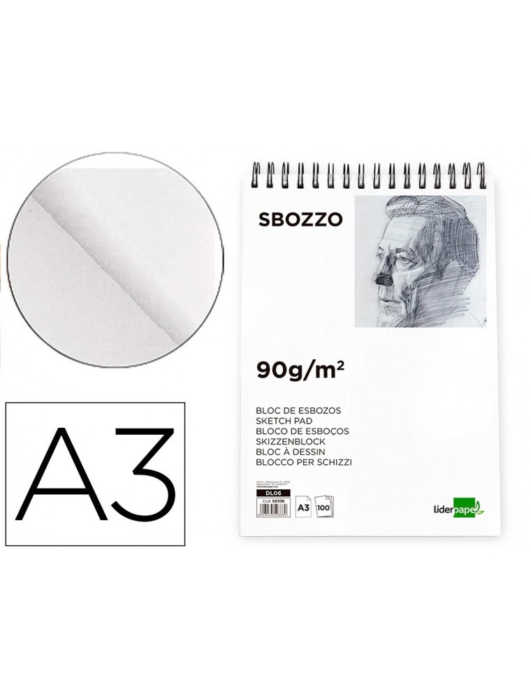 Bloc dibujo liderpapel esbozos espiral a3 297x420mm 100 hojas 90gm2 sin recuadro