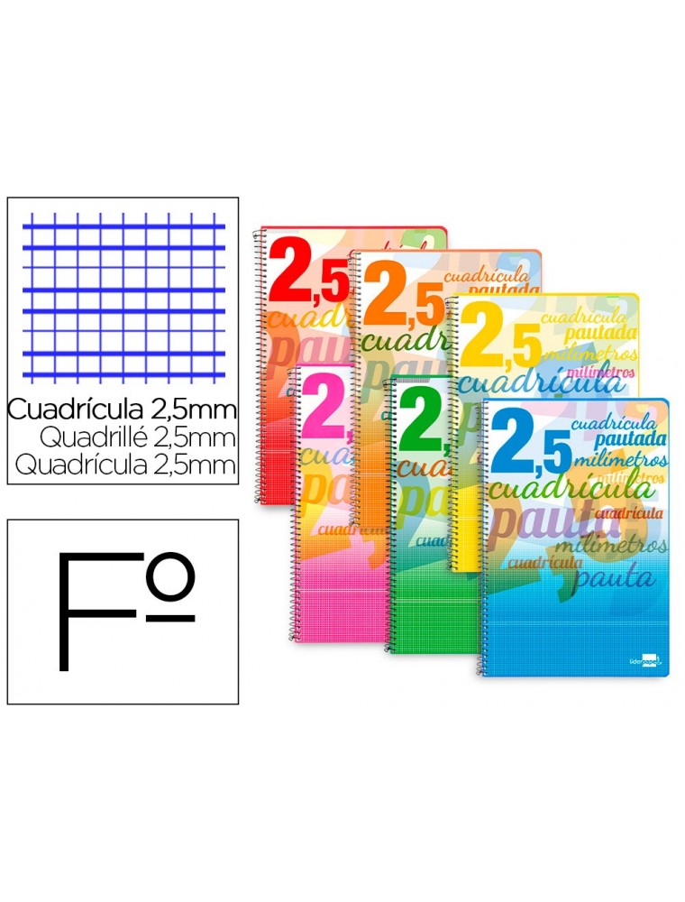 BLOC ESPIRAL TAPA CARTONCILLO FOLIO 80 HOJAS CUADRICULADO PAUTADO 2,5 MM 70 GRS CON MARGEN COLORES LIDERPAPEL