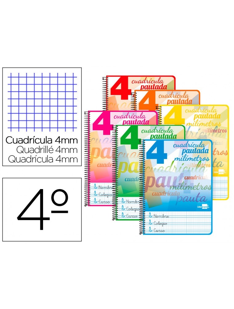 Cuaderno espiral liderpapel cuarto pautaguia tapa blanda 40h 75 gr cuadro pautado 4mm colores surtidos