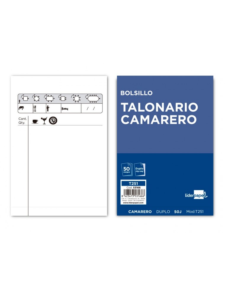 TALONARIO CAMARERO DE BOLSILLO 75X145 MM DUPLICADO ZIG-ZAG LIDERPAPEL