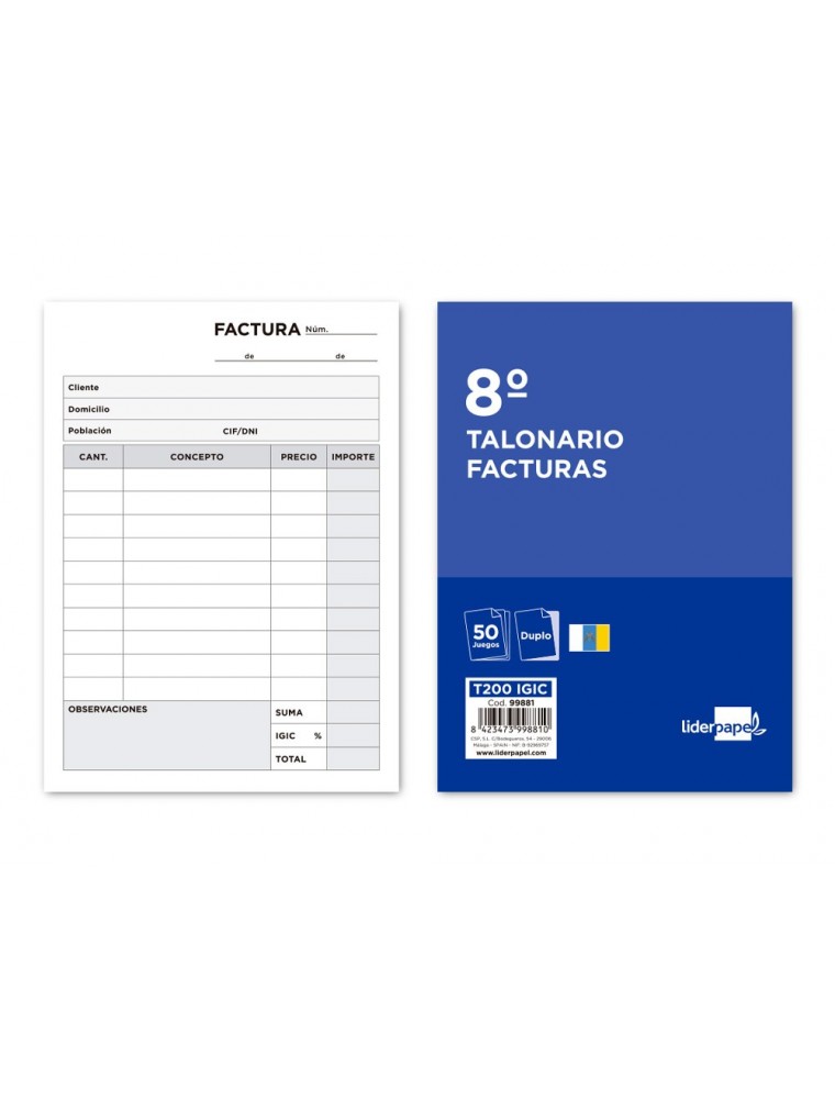 Talonario liderpapel facturas 8º original y copia t200 con i.g.i.c