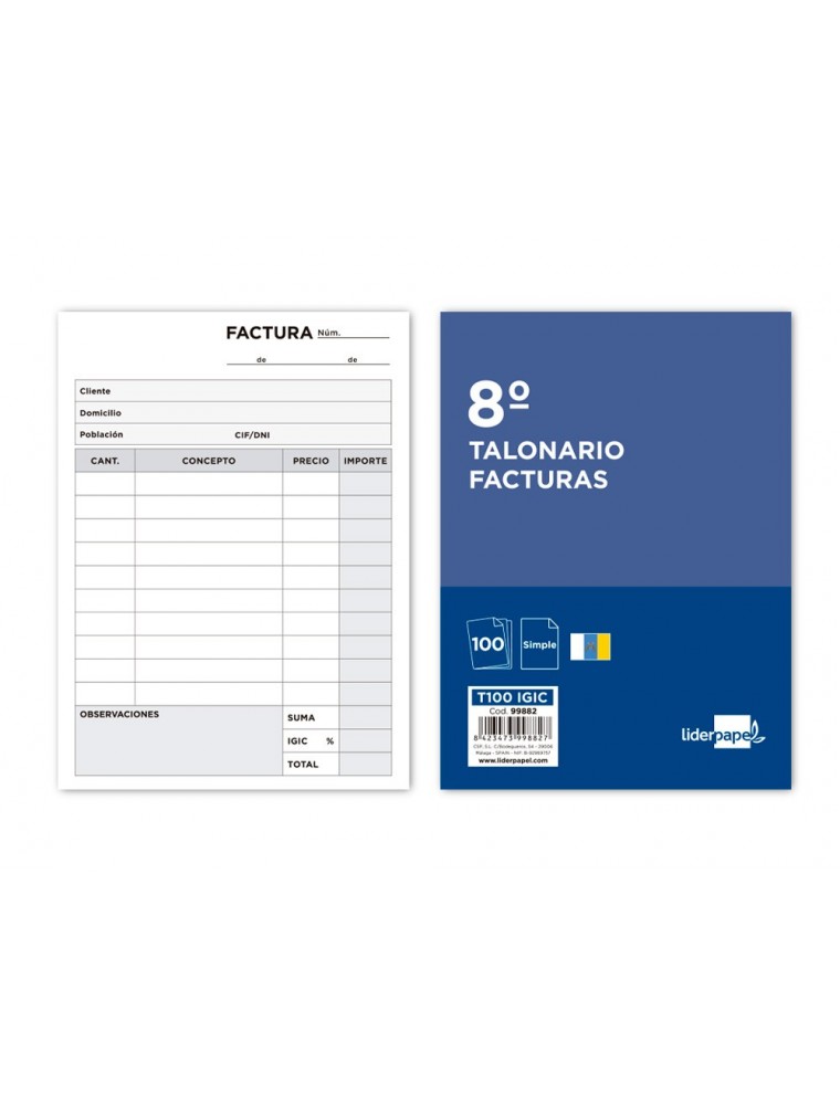 TALONARIO FACTURAS OCTAVO -CON IGIC -100 LIDERPAPEL