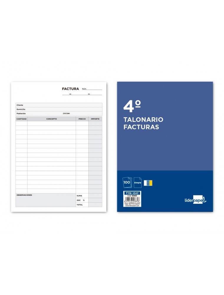 Talonario liderpapel facturas cuarto original t116 con i.g.i.c.