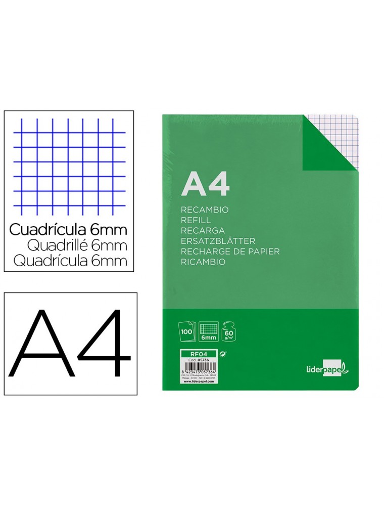 Recambio liderpapel a4 100 hojas 60gm2 cuadro 6 mm 4 taladros con margen