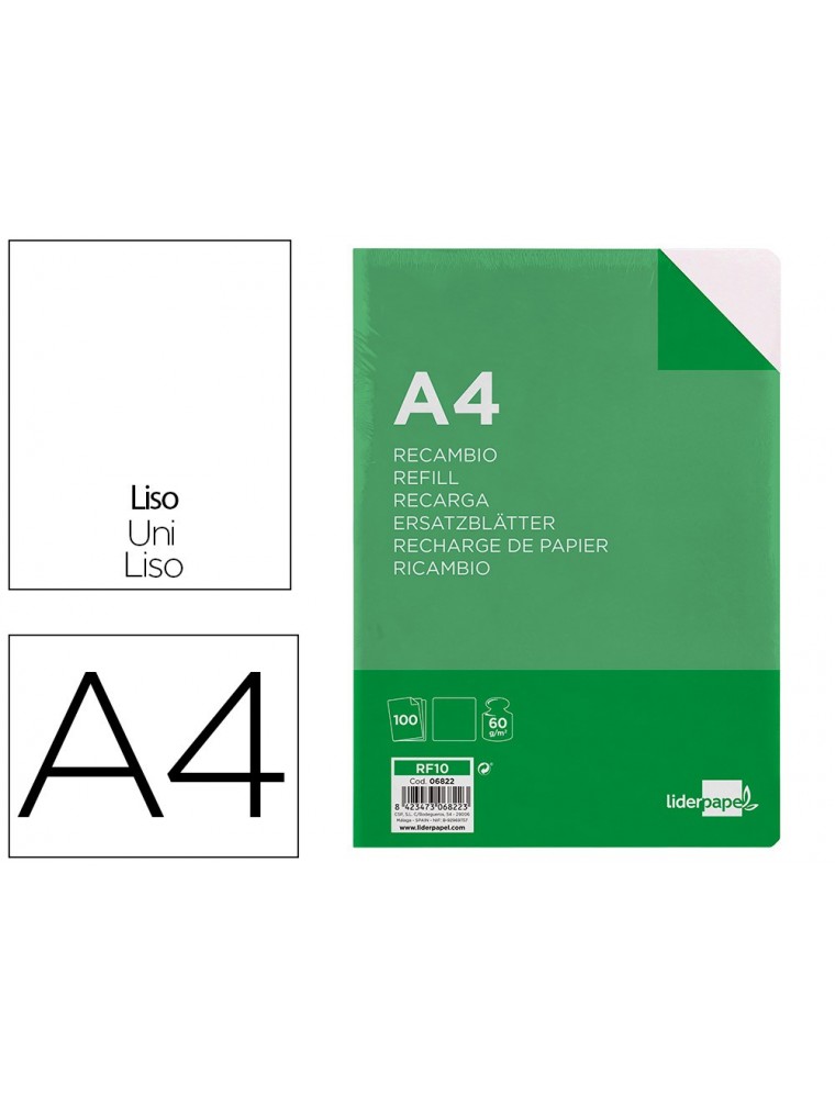 Recambio liderpapel a4 100 hojas 60gm2 liso sin margen 4 taladros