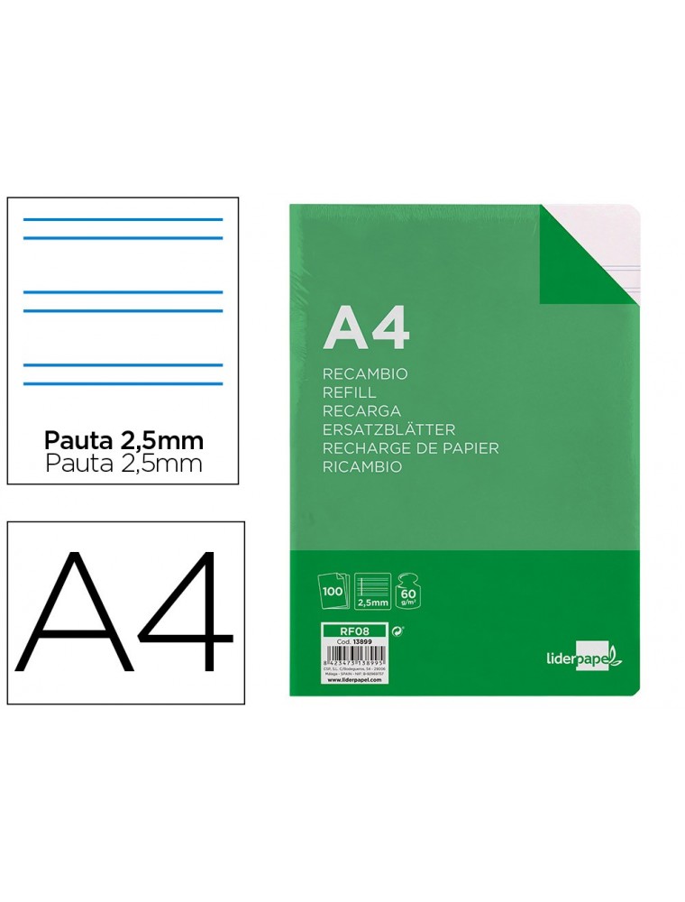 Recambio liderpapel a4 100 hojas 60gm2 pauta 5ª 2.5mm con margen 4 taladros