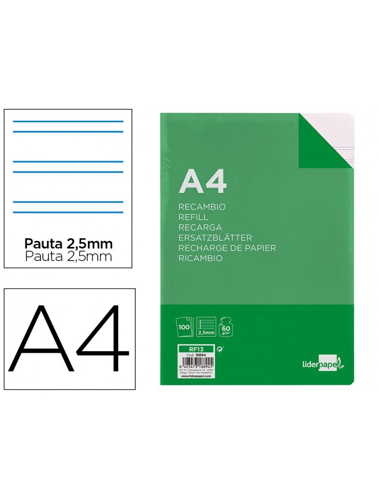 Recambio liderpapel folio 100 hojas 60gm2 pauta 5ª 2.5mm con margen 16 taladros