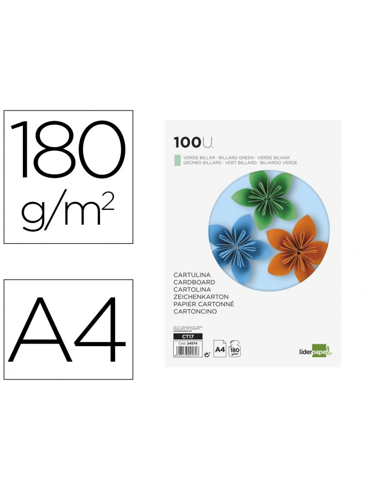 Cartulina liderpapel a4 180gm2 verde paquete de 100 hojas