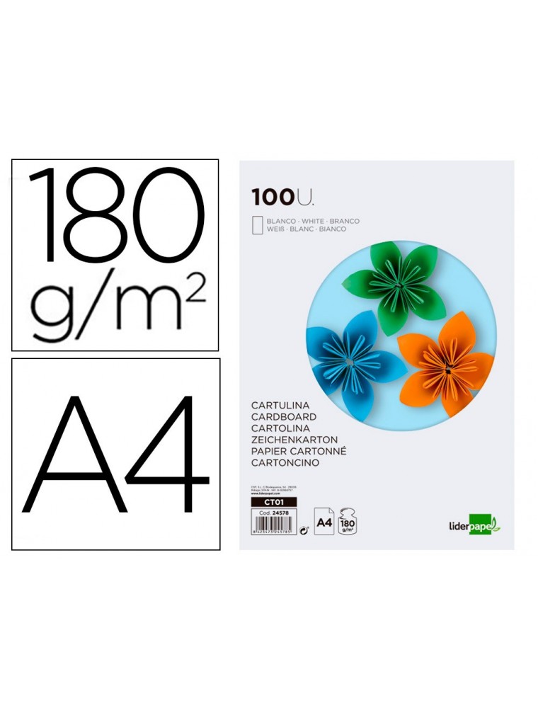 Cartulina liderpapel a4 180gm2 blanco paquete de 100 hojas