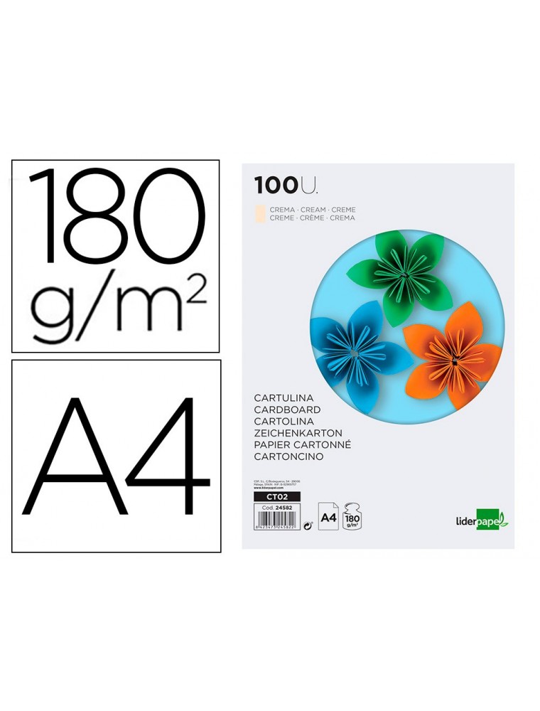 Cartulina liderpapel a4 180gm2 crema paquete de 100 hojas