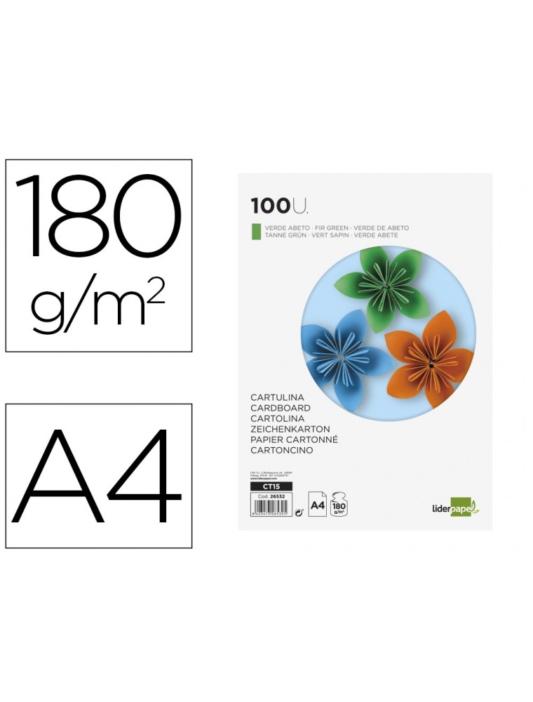 Cartulina liderpapel a4 180gm2 verde abeto paquete de100 hojas