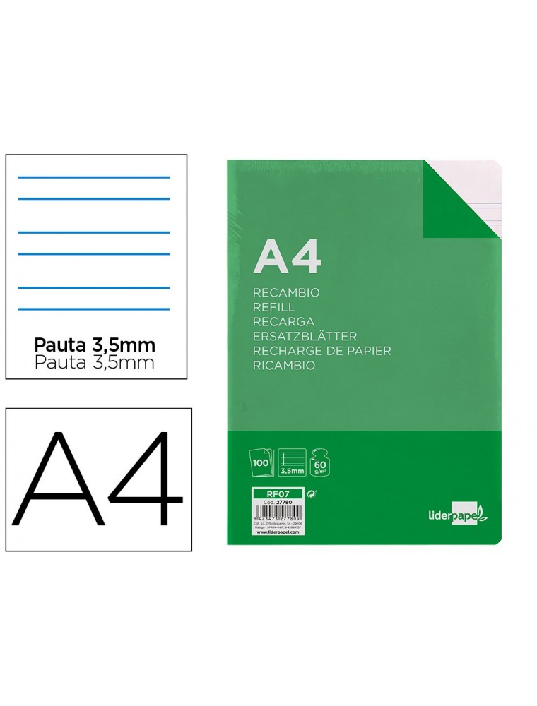 Recambio liderpapel a4 100 hojas 60gm2pauta 4ª 3.5mm con margen 4 taladros