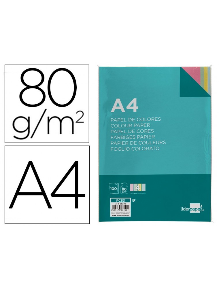 Papel color liderpapel a4 80gm2 4 colores surtidos paquete de 100 hojas