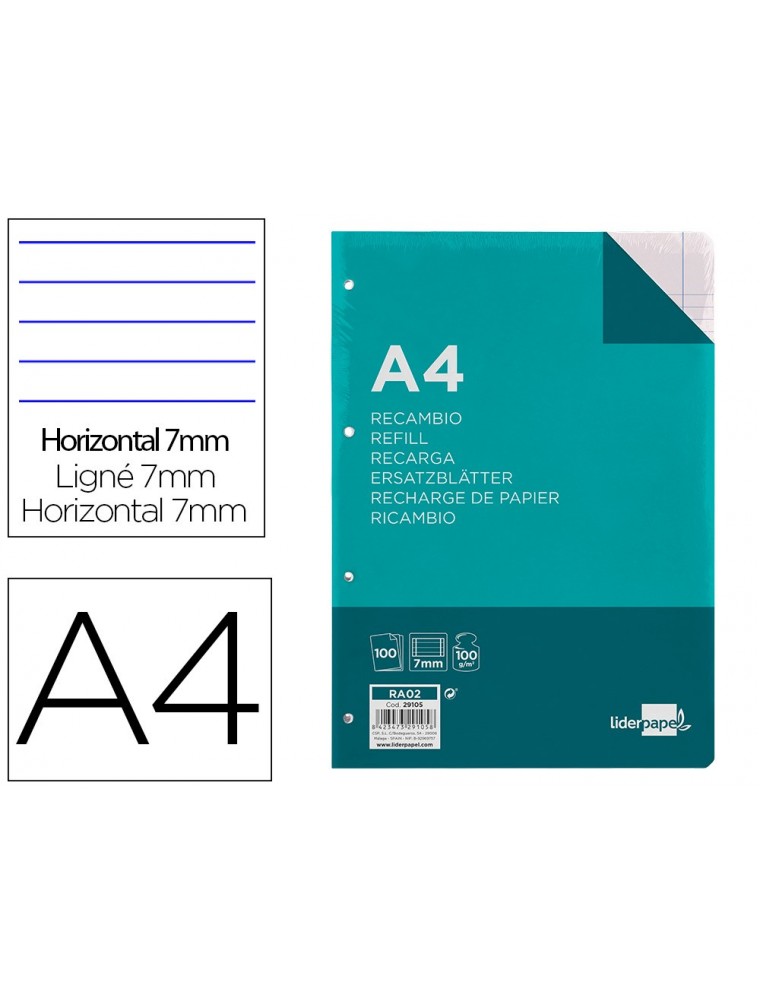 Recambio liderpapel a4 100 hojas 100gm2 horizontal con doble margen 4 taladros