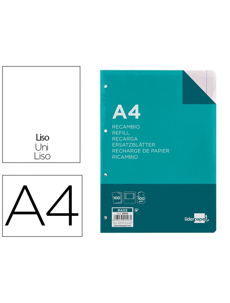 Recambio liderpapel a4 100 hojas 100gm2 liso con margen 4 taladros