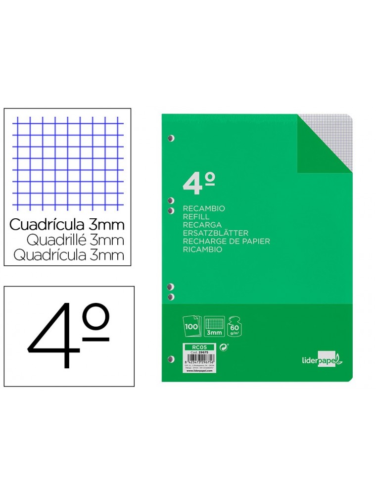 Recambio liderpapel cuarto 100 hojas 60gm2 cuadro 3mm con margen 6 taladros